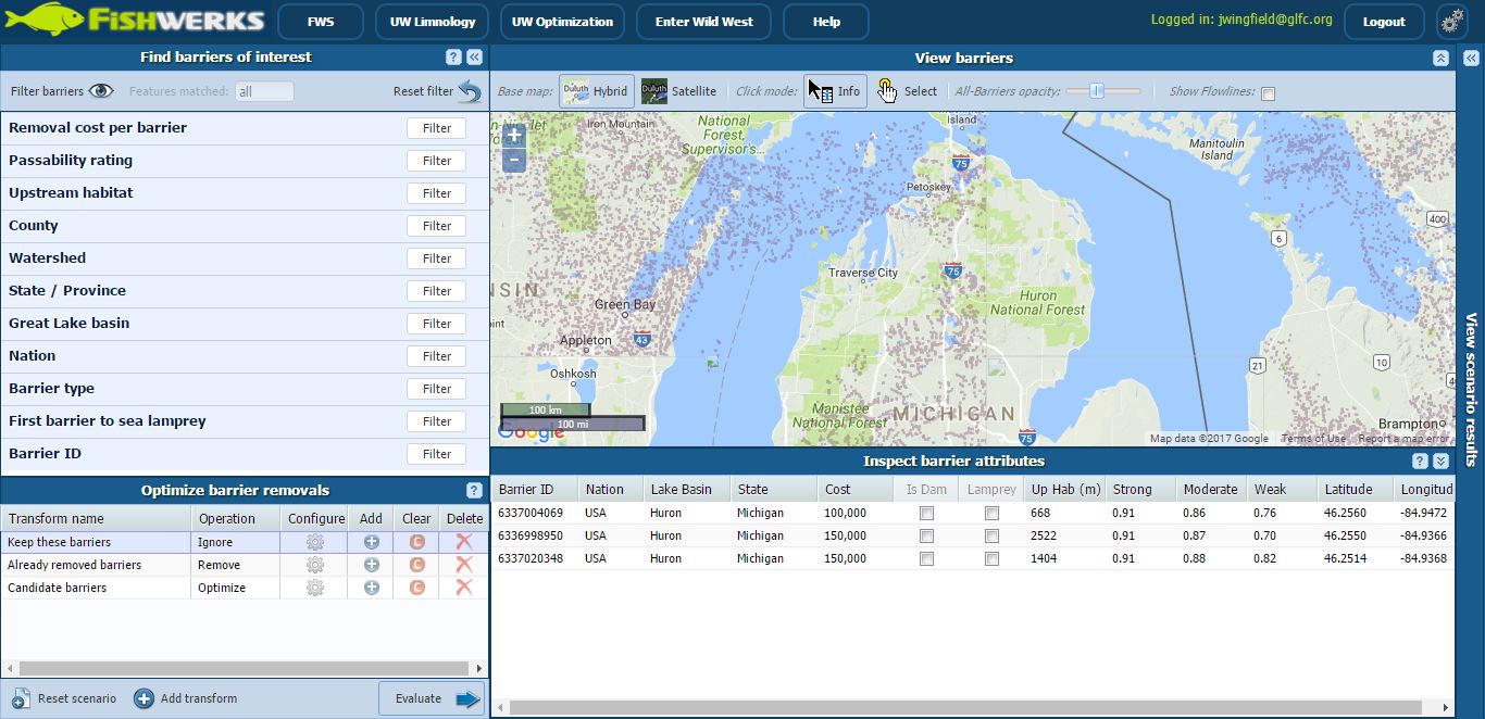 Screenshot of Fishwerks tool.  Shows a map and various data tables.